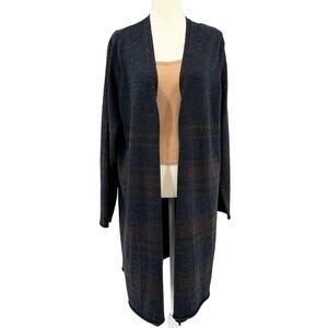 Tahari Wool Cardigan Sweater WMNS 2X Gray Brown Striped Open Front Long Sleeves